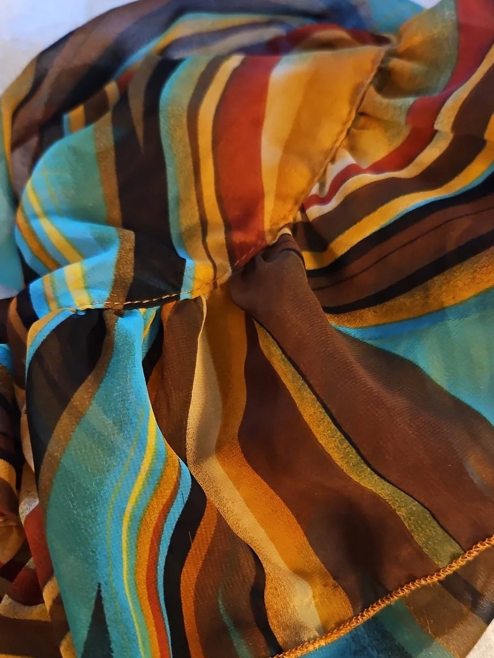 Vintage Retro Mod Striped Chiffon Ruffle Scarf in Teal and Brown